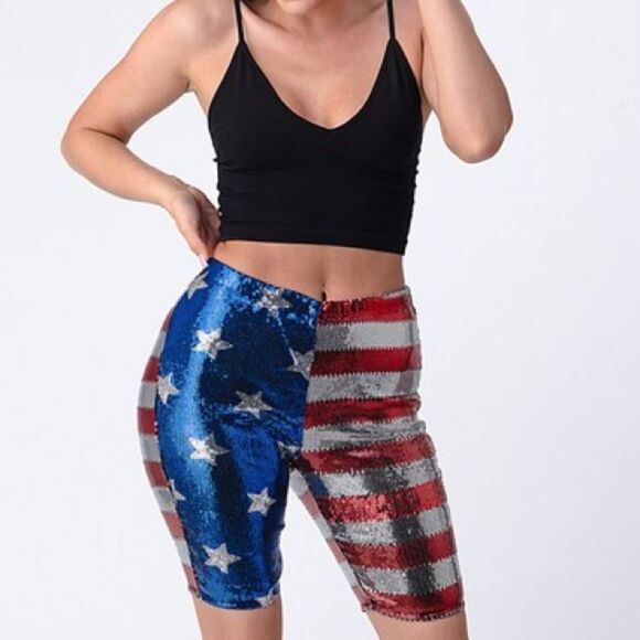 USA American Flag Metallic Sequin Biker Shorts - Picture 5 of 5
